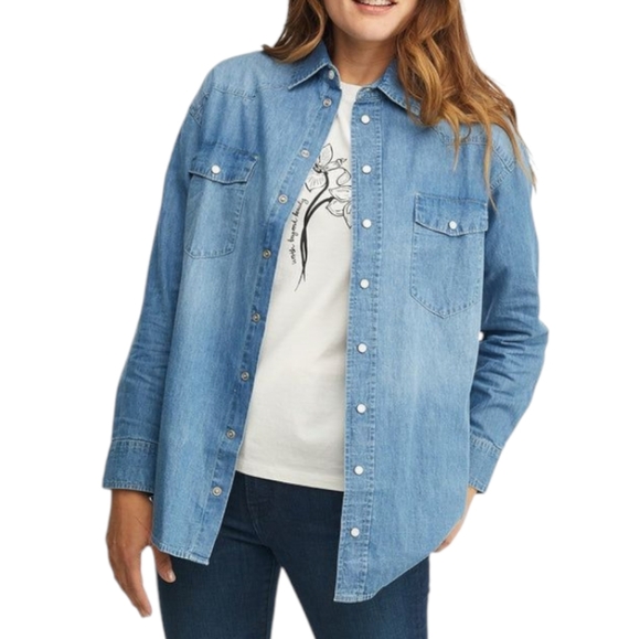 ABLE April Shirt Chambray 100% Cotton Oversized Western Pearl Snap Up size Small - Picture 1 of 12